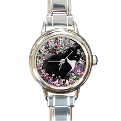 Freckles In Flowers Ii, Black White Tux Cat Round Italian Charm Watch by DianeClancy