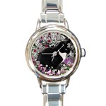 Freckles In Flowers Ii, Black White Tux Cat Round Italian Charm Watch Front