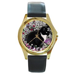 Freckles In Flowers Ii, Black White Tux Cat Round Gold Metal Watch by DianeClancy