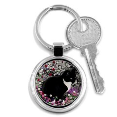 Freckles In Flowers Ii, Black White Tux Cat Key Chains (round)  by DianeClancy