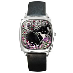 Freckles In Flowers Ii, Black White Tux Cat Square Metal Watch by DianeClancy