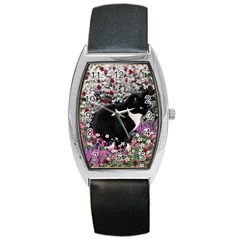 Freckles In Flowers Ii, Black White Tux Cat Barrel Style Metal Watch by DianeClancy