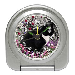 Freckles In Flowers Ii, Black White Tux Cat Travel Alarm Clocks by DianeClancy