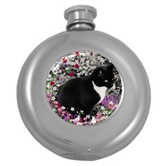 Freckles In Flowers Ii, Black White Tux Cat Round Hip Flask (5 Oz) by DianeClancy