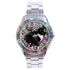 Freckles In Flowers Ii, Black White Tux Cat Stainless Steel Analogue Watch by DianeClancy