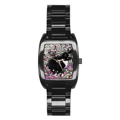 Freckles In Flowers Ii, Black White Tux Cat Stainless Steel Barrel Watch by DianeClancy