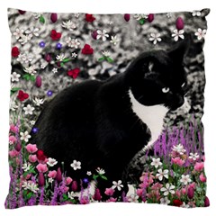 Freckles In Flowers Ii, Black White Tux Cat Large Flano Cushion Case (two Sides) by DianeClancy