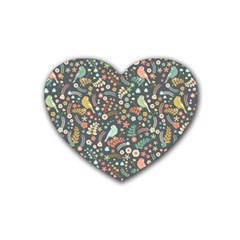 Vintage Flowers And Birds Pattern Rubber Coaster (heart)  by TastefulDesigns