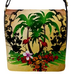 Tropical Design With Flamingo And Palm Tree Flap Messenger Bag (s) by FantasyWorld7