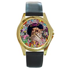 Chi Chi In Butterflies, Chihuahua Dog In Cute Hat Round Gold Metal Watch by DianeClancy