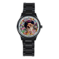 Chi Chi In Butterflies, Chihuahua Dog In Cute Hat Stainless Steel Round Watch by DianeClancy