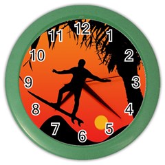 Man Surfing At Sunset Graphic Illustration Color Wall Clocks by dflcprints