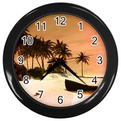 Wonderful Sunset Over The Beach, Tropcal Island Wall Clocks (black) by FantasyWorld7