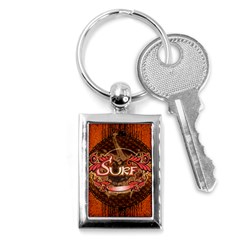 Surfing, Surfboard With Floral Elements  And Grunge In Red, Black Colors Key Chains (rectangle)  by FantasyWorld7