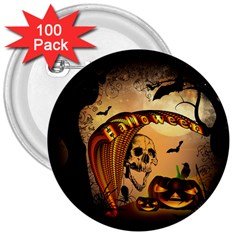 Halloween, Funny Pumpkin With Skull And Spider In The Night 3  Buttons (100 Pack)  by FantasyWorld7