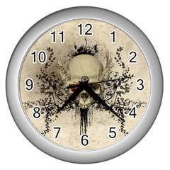 Awesome Skull With Flowers And Grunge Wall Clocks (silver)  by FantasyWorld7