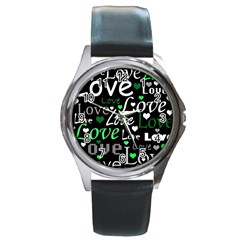 Green Valentine s Day Pattern Round Metal Watch by Valentinaart