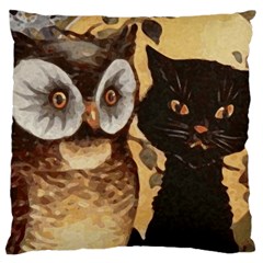 Owl And Black Cat Large Cushion Case (one Side) by Nexatart