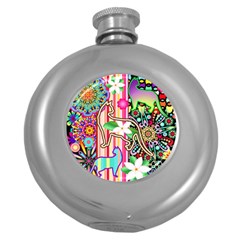 Mandalas, Cats And Flowers Fantasy Digital Patchwork Round Hip Flask (5 Oz) by BluedarkArt