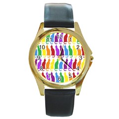 Rainbow Colorful Cats Wallpaper Pattern Round Gold Metal Watch by Simbadda