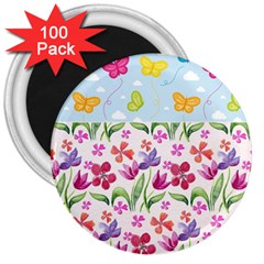 Watercolor Flowers And Butterflies Pattern 3  Magnets (100 Pack) by TastefulDesigns