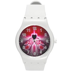 Illuminated Red Hear Red Heart Background With Light Effects Round Plastic Sport Watch (m) by Simbadda