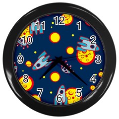 Rocket Ufo Moon Star Space Planet Blue Circle Wall Clocks (black) by Mariart