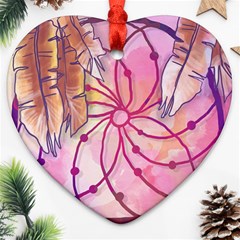 Watercolor Cute Dreamcatcher With Feathers Background Ornament (heart) by TastefulDesigns