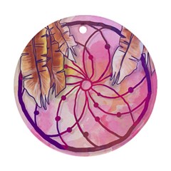 Watercolor Cute Dreamcatcher With Feathers Background Round Ornament (two Sides) by TastefulDesigns