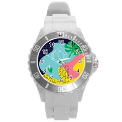 Behance Feelings Beauty Waves Blue Yellow Pink Green Leaf Round Plastic Sport Watch (l) by Mariart