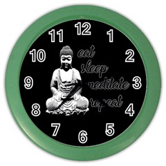 Eat, Sleep, Meditate, Repeat  Color Wall Clocks by Valentinaart