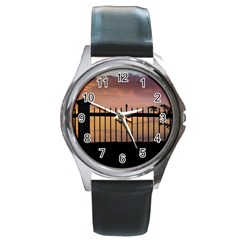 Small Bird Over Fence Backlight Sunset Scene Round Metal Watch by dflcprints