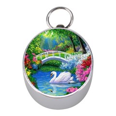 Swan Bird Spring Flowers Trees Lake Pond Landscape Original Aceo Painting Art Mini Silver Compasses by BangZart