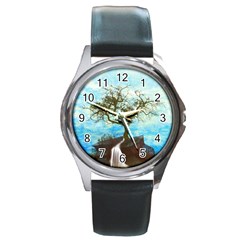 Single Tree Round Metal Watch by berwies