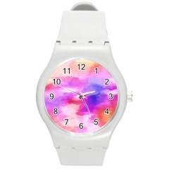 Colorful Abstract Pink And Purple Pattern Round Plastic Sport Watch (m) by paulaoliveiradesign