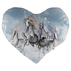 Awesome Running Horses In The Snow Large 19  Premium Heart Shape Cushions by FantasyWorld7