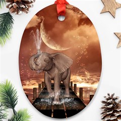 Cute Baby Elephant On A Jetty Oval Ornament (two Sides) by FantasyWorld7