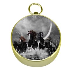 Awesome Wild Black Horses Running In The Night Gold Compasses by FantasyWorld7