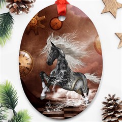 Steampunk, Awesome Steampunk Horse With Clocks And Gears In Silver Oval Ornament (two Sides) by FantasyWorld7