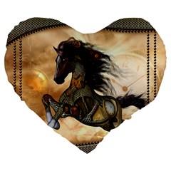 Steampunk, Wonderful Steampunk Horse With Clocks And Gears, Golden Design Large 19  Premium Flano Heart Shape Cushions by FantasyWorld7