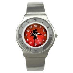 Dancing Couple On Red Background With Flowers And Hearts Stainless Steel Watch by FantasyWorld7