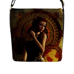 Wonderful Steampunk Women With Clocks And Gears Flap Messenger Bag (l)  by FantasyWorld7