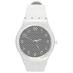 Black And White Waves Illusion Pattern Round Plastic Sport Watch (m) by paulaoliveiradesign