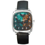 Beautiful Teal and Orange Paisley Fractal Feathers Square Metal Watch Front
