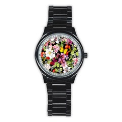 Beautiful,floral,hand Painted, Flowers,black,background,modern,trendy,girly,retro Stainless Steel Round Watch by NouveauDesign