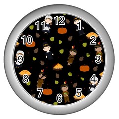 Pilgrims And Indians Pattern - Thanksgiving Wall Clocks (silver)  by Valentinaart