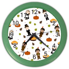 Pilgrims And Indians Pattern - Thanksgiving Color Wall Clocks by Valentinaart