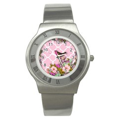 Shabby Chic,floral,bird,pink,collage Stainless Steel Watch by NouveauDesign