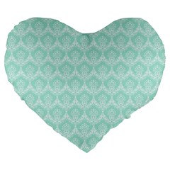 Damask Aqua Green Large 19  Premium Flano Heart Shape Cushions by snowwhitegirl