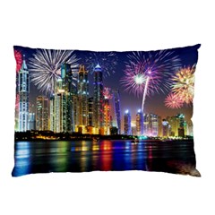 Dubai City At Night Christmas Holidays Fireworks In The Sky Skyscrapers United Arab Emirates Pillow Case by Sapixe